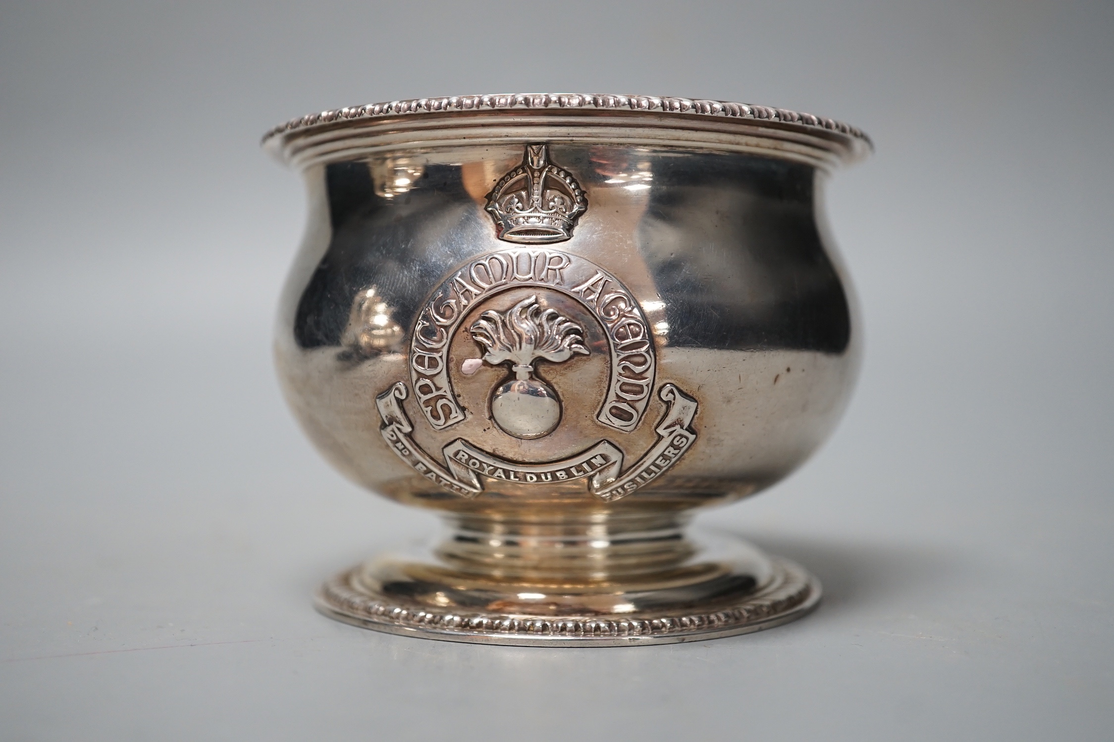 An Edwardian silver 'Royal Dublin 2nd Batt. Fusiliers' sugar bowl, William Hutton & Sons, London, 1904, diameter, 96mm, 7oz.